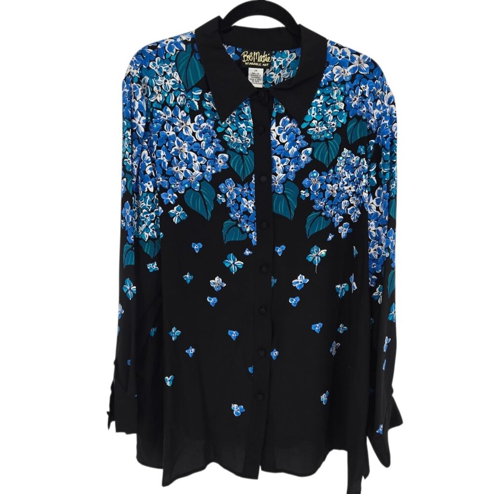 Bob Mackie wearable art size 2X black blue silk beaded sequin floral button up